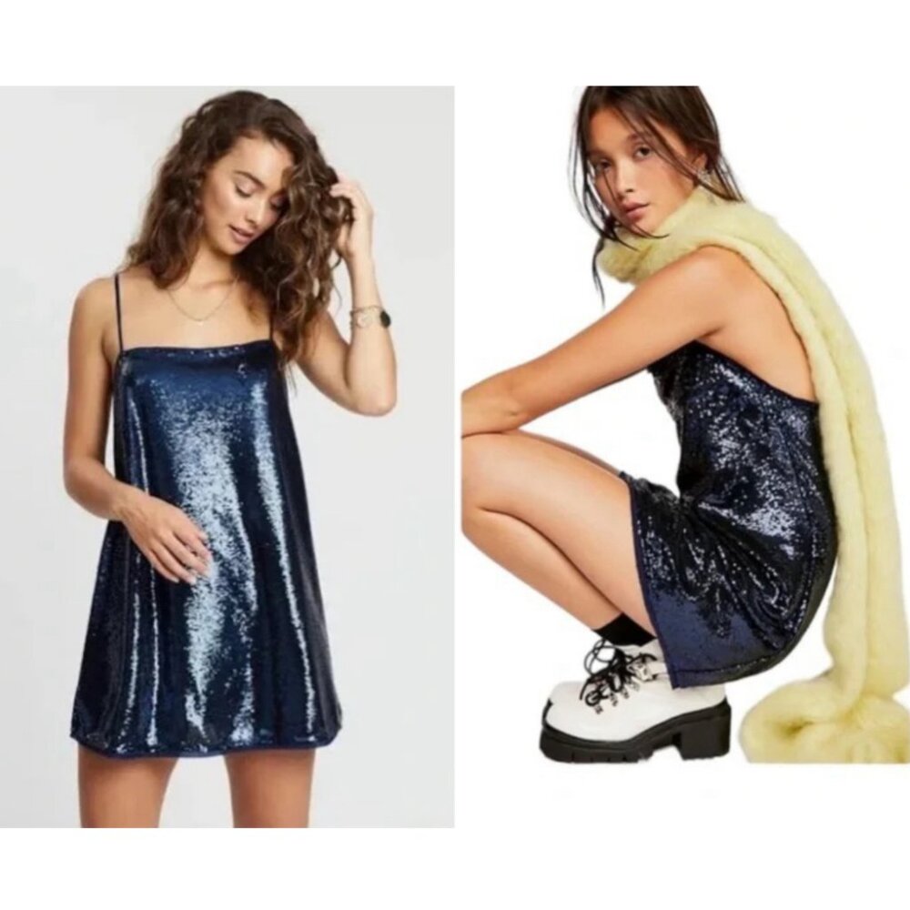 Free People Intimately Time to Shine Slip Sequined Dress In Navy Blue Sleeveless